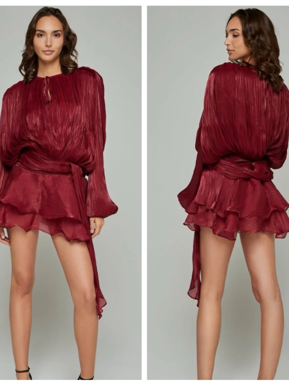 Innovare‎ Denim Dress Womens Sz M Burgundy Tiered Mini with Long Sleeve Blouson